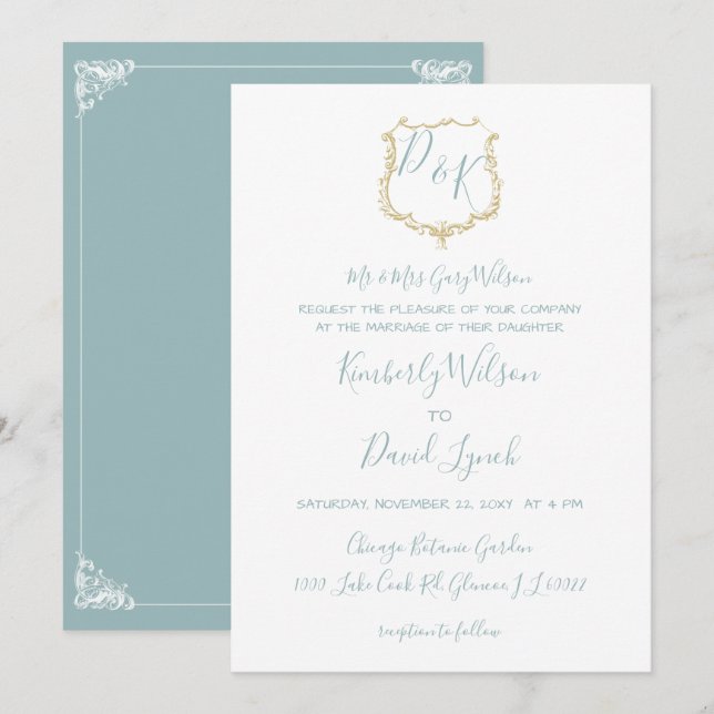 Monogram Crest Gold Dusty blue Wedding Invitation (Front/Back)