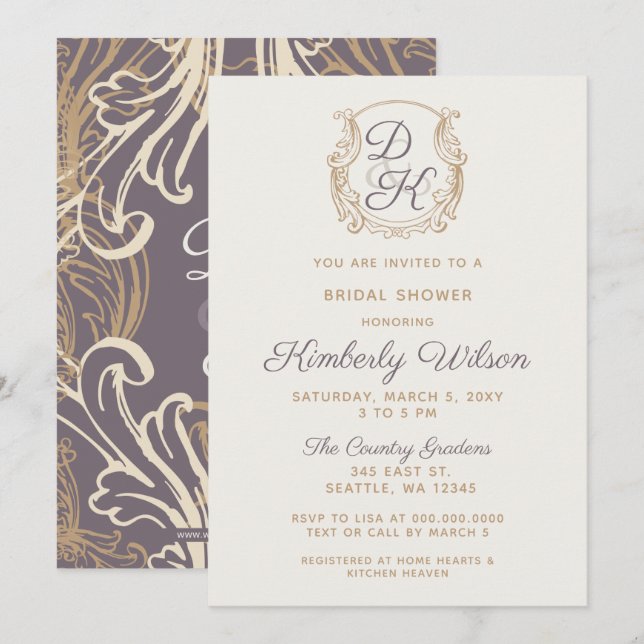 Monogram Crest Gold Vintage Purple Bridal Shower Invitation (Front/Back)