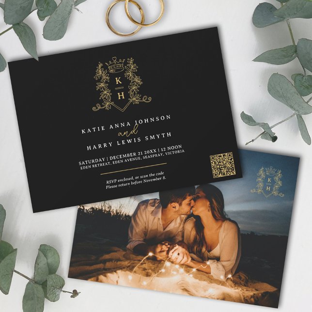Monogram crest heart crown black gold wedding  invitation (Creator Uploaded)