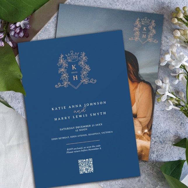 Monogram crest heart crown blue rose gold wedding  invitation (Creator Uploaded)