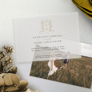 Monogram crest heart crown white gold wedding vellum invitations