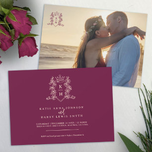 Monogram crest heart crown wine red peach wedding invitation