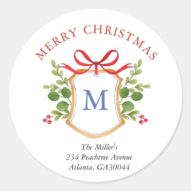 Monogram Crest Holiday Return address Classic Round Sticker (Front)