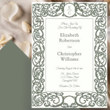 Monogram Crest Ivory and Green Wedding Invitation