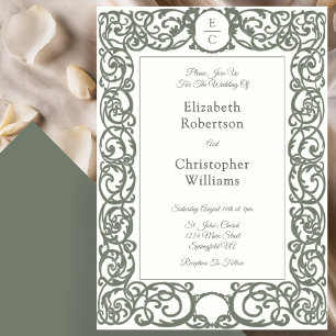 Monogram Crest Ivory and Green Wedding Invitation