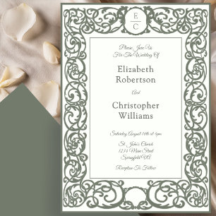 Monogram Crest Ivory and Green Wedding Invitation