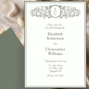 Monogram Crest Ivory and Green Wedding Invitation