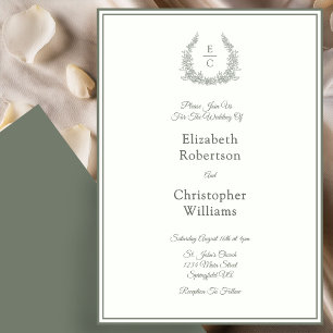 Monogram Crest Ivory and Green Wedding Invitation