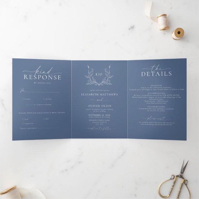 Monogram Crest | Modern Minimalist Wedding Photo  Tri-Fold Invitation (Inside)