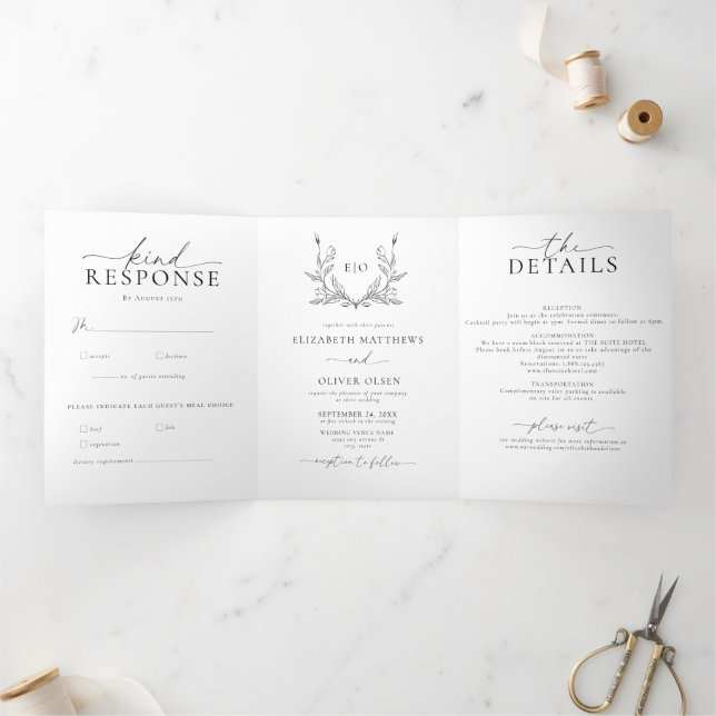 Monogram Crest | Modern Minimalist Wedding Photo Tri-Fold Invitation (Inside)