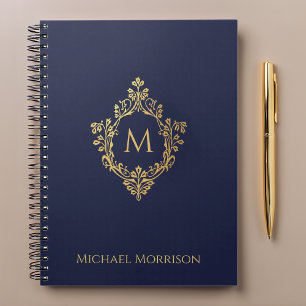 Monogram Crest Navy Blue Faux Gold Elegant Name Notebook