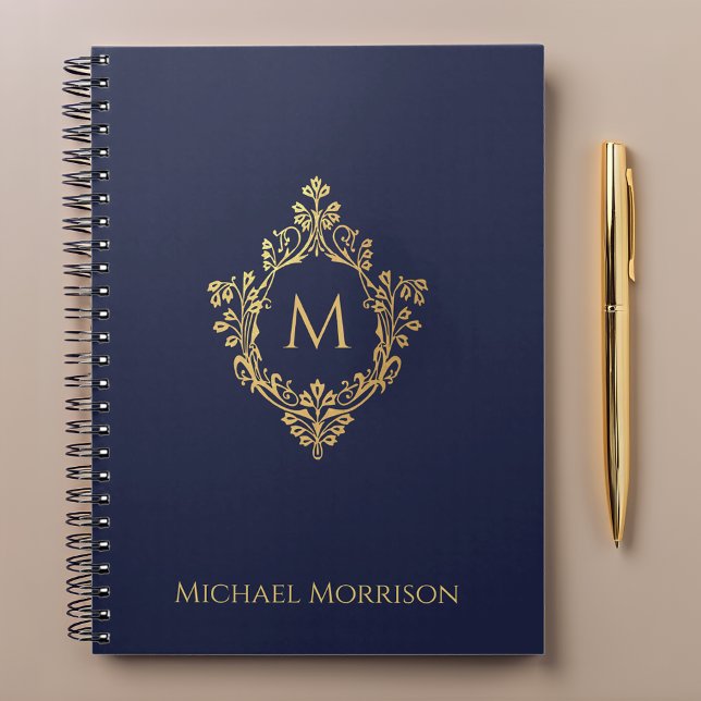 Monogram Crest Navy Blue Faux Gold Elegant Name Notebook (Creator Uploaded)