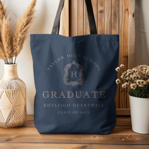 Monogram Crest Navy Blue Rose Graduation Tote Bag