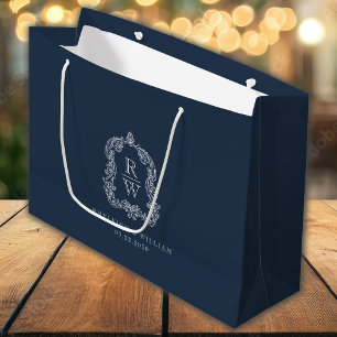 Monogram Crest Navy Blue Wedding Large Gift Bag
