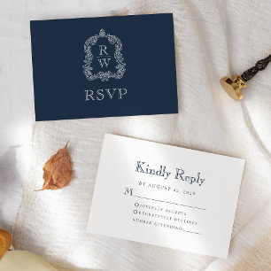Monogram Crest Navy Blue Wedding RSVP Card
