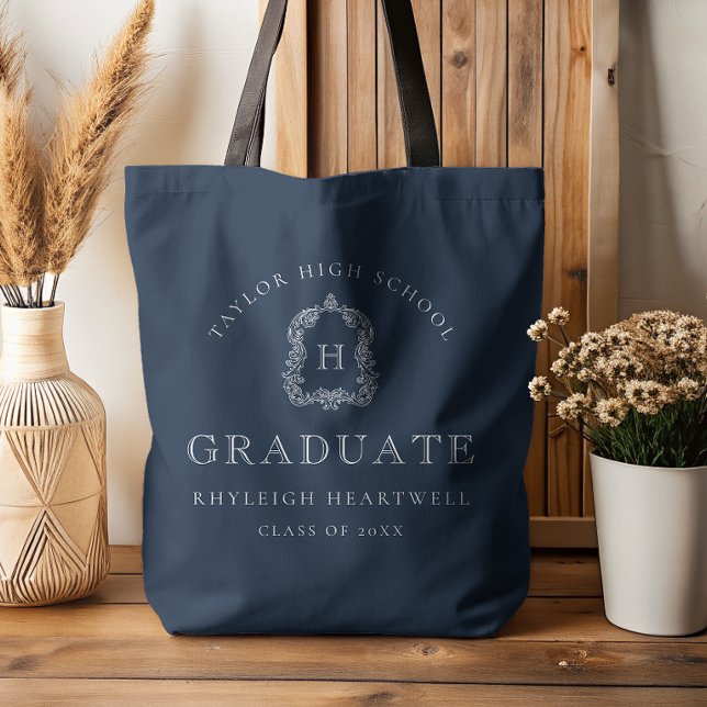 Monogram Crest Navy Blue White Graduation Tote Bag (Creator Uploaded)