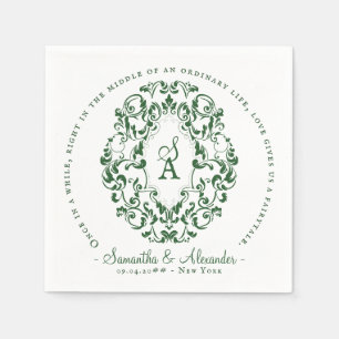 Monogram Crest Old Print Emerald Green Wedding Napkin