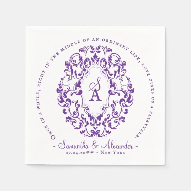 Monogram Crest Old Print Royal Purple Wedding Napkin (Front)