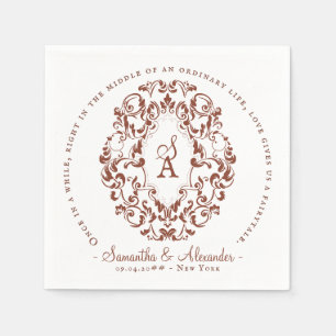 Monogram Crest Old Print Terra Cotta Wedding Napkin
