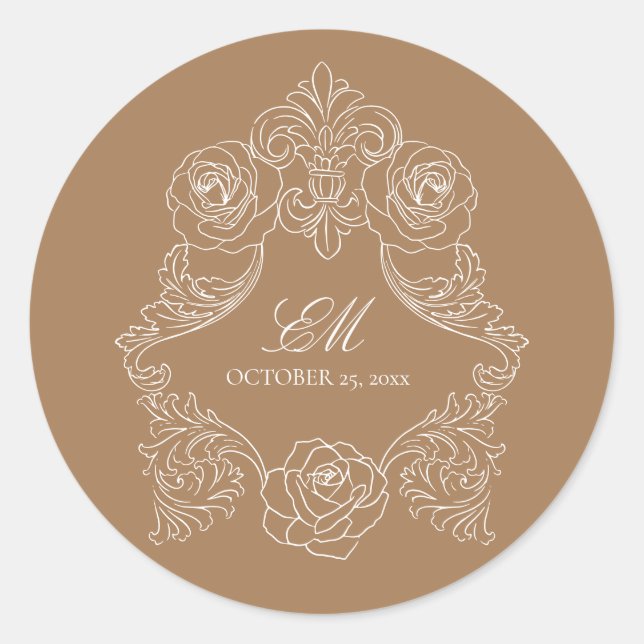 Monogram Crest Ornament Golden Brown Wedding Logo Classic Round Sticker (Front)