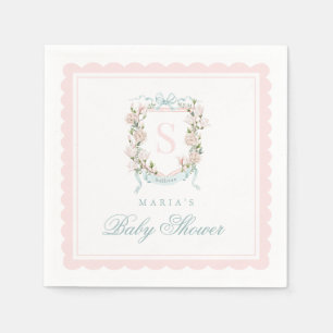 Monogram Crest Pink Bow Scallop Napkin