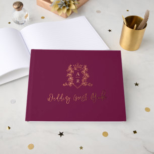 Monogram crest rose gold dark red wedding guest book