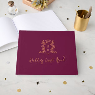 Monogram crest rose gold dark red wedding guest guest book