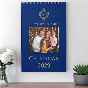 Monogram & Crest Royal Blue Faux Gold Family Photo Calendar