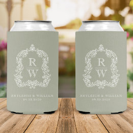 Monogram Crest Sage Green Wedding Can Cooler