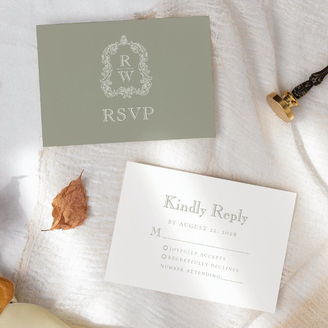 Monogram Crest Sage Green Wedding RSVP Card (Creator Uploaded)