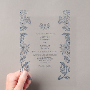 Monogram Crest Sketch French Dusty Blue Wedding Acrylic Invitations