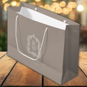 Monogram Crest Taupe Wedding Large Gift Bag