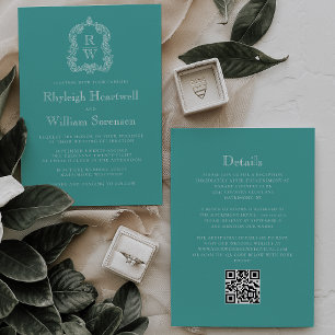 Monogram Crest Turquoise QR Code Wedding Invitation