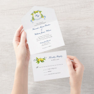 Monogram Crest watercolor Lemons Wedding All In One Invitation