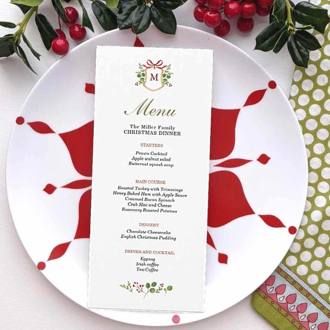 Monogram Crest with Greenery Christmas dinner Menu (Creator Uploaded)