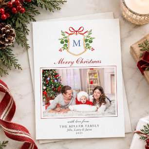 Monogram Crest with greenery Christmas Holiday Card