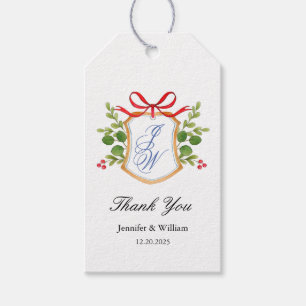 Monogram Crest with greenery Holiday wedding Gift  Tags