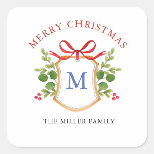 Monogram Crest with greenery Holidays Square Sticker
