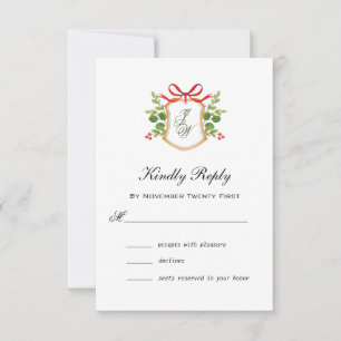 Monogram Crest with winter Greenery RSVP  Card