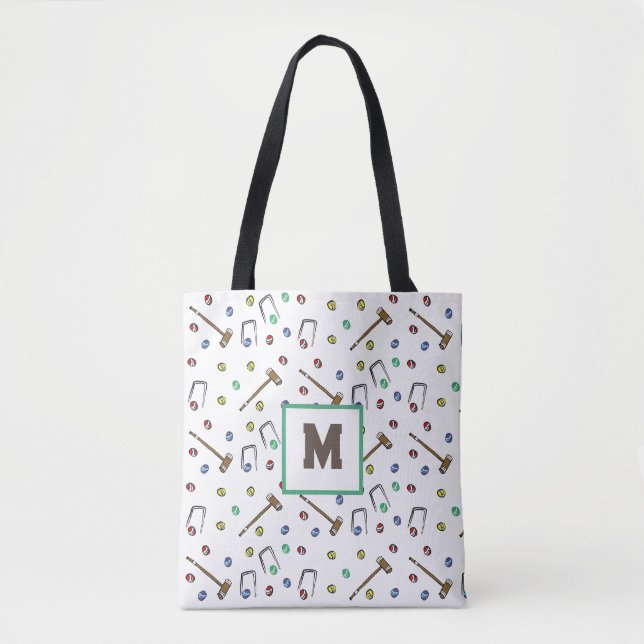 Monogram Croquet Cute Hand-Drawn Lawn Game Pattern Tote Bag (Front)