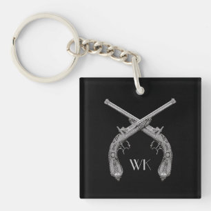 Monogram Crossed Pistols Black Keychain