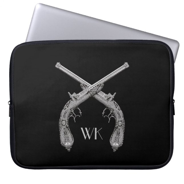 Monogram Crossed Pistols Black Laptop Sleeve (Front)