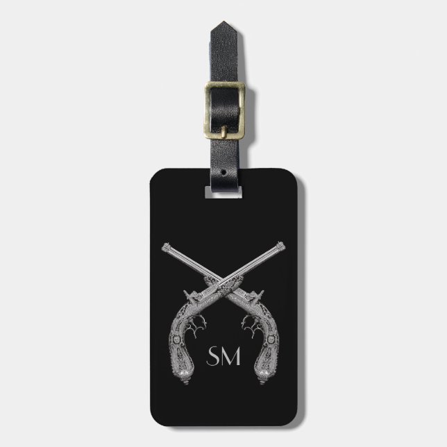 Monogram Crossed Pistols Black Luggage Tag (Front Vertical)