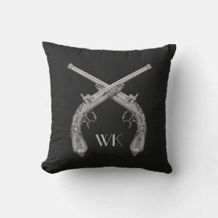 Monogram Crossed Pistols Black Outdoor Pillow
