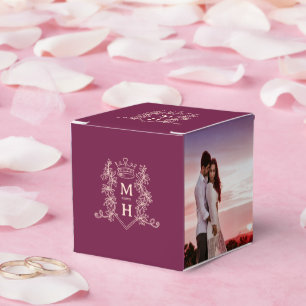 Monogram crown burgundy red peach photo wedding favor box