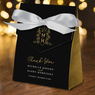 Monogram crown crest black gold thank you wedding favor box