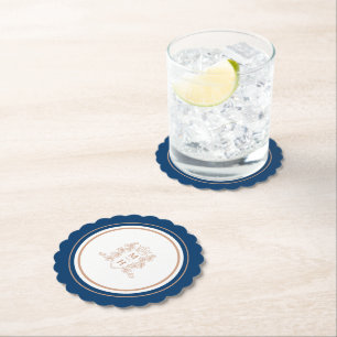 Monogram crown crest rose gold dark blue wedding paper coaster