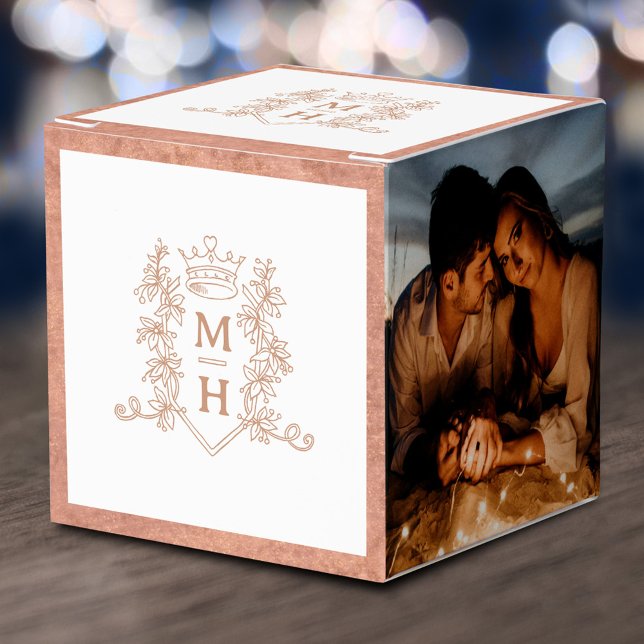Monogram crown crest white rose gold photo wedding favor box (Creator Uploaded)