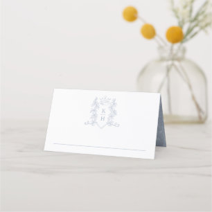 Monogram crown crest white silver wedding place card