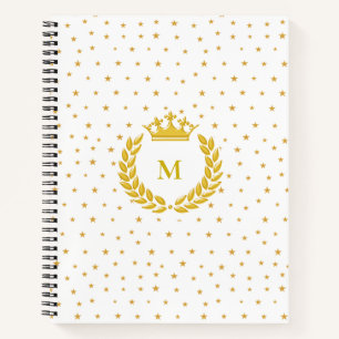 Monogram, Crown, Laurel & Gold Stars on White Notebook